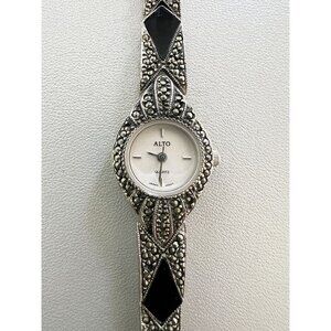 Vintage Alto Ladies Watch Faux Marcasite Onyx Silver Tone Quartz New Battery